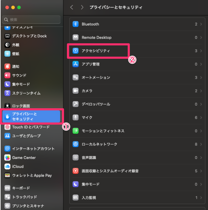プライバシーとセキュリティ → アクセシビリティ